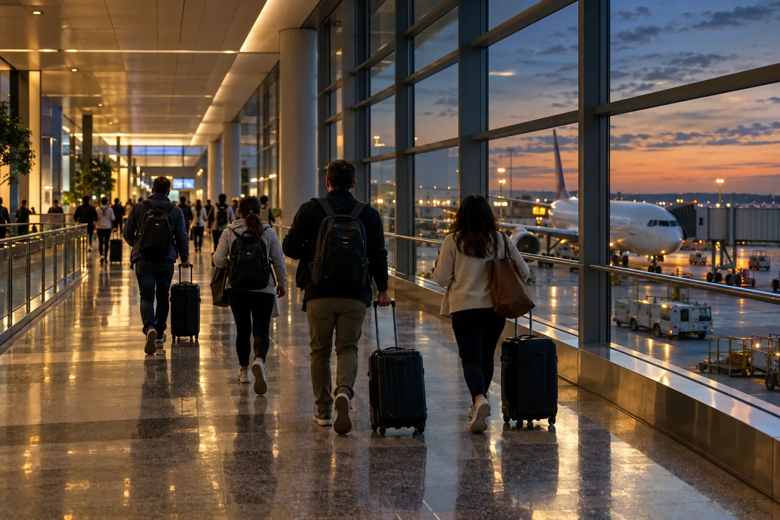 Connecting passengers walking through an airport terminal while an aircraft waits at a departure gate.